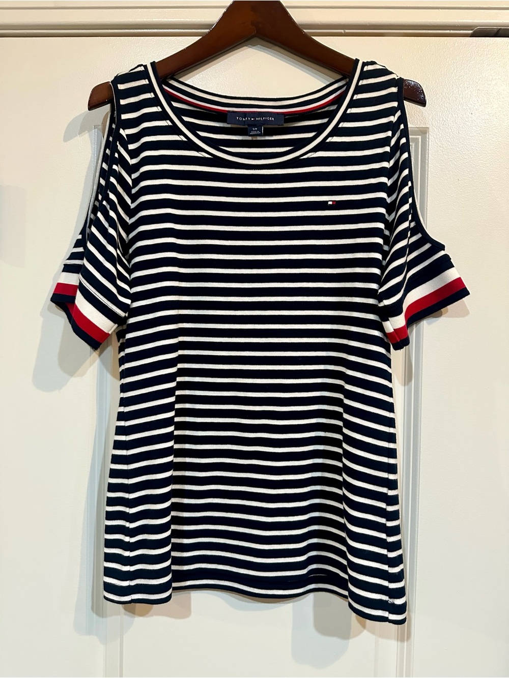Tommy Hilfiger Navy, White & Red Striped Cold-Shoulder Tee